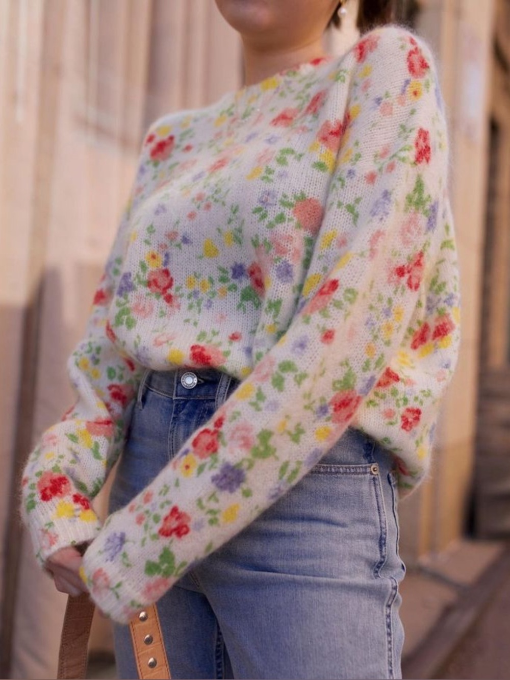 SEZANE Ecru Cream Pink Yellow & Blue Floral Printed Mohair Wool Paulie Sweater